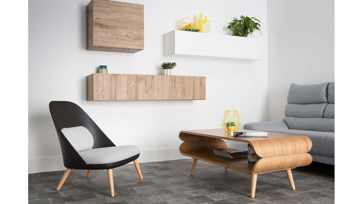 Schwarzer Design-Sessel LEAF mit Stoffpolster und Sesselbeinen aus hellem Holz