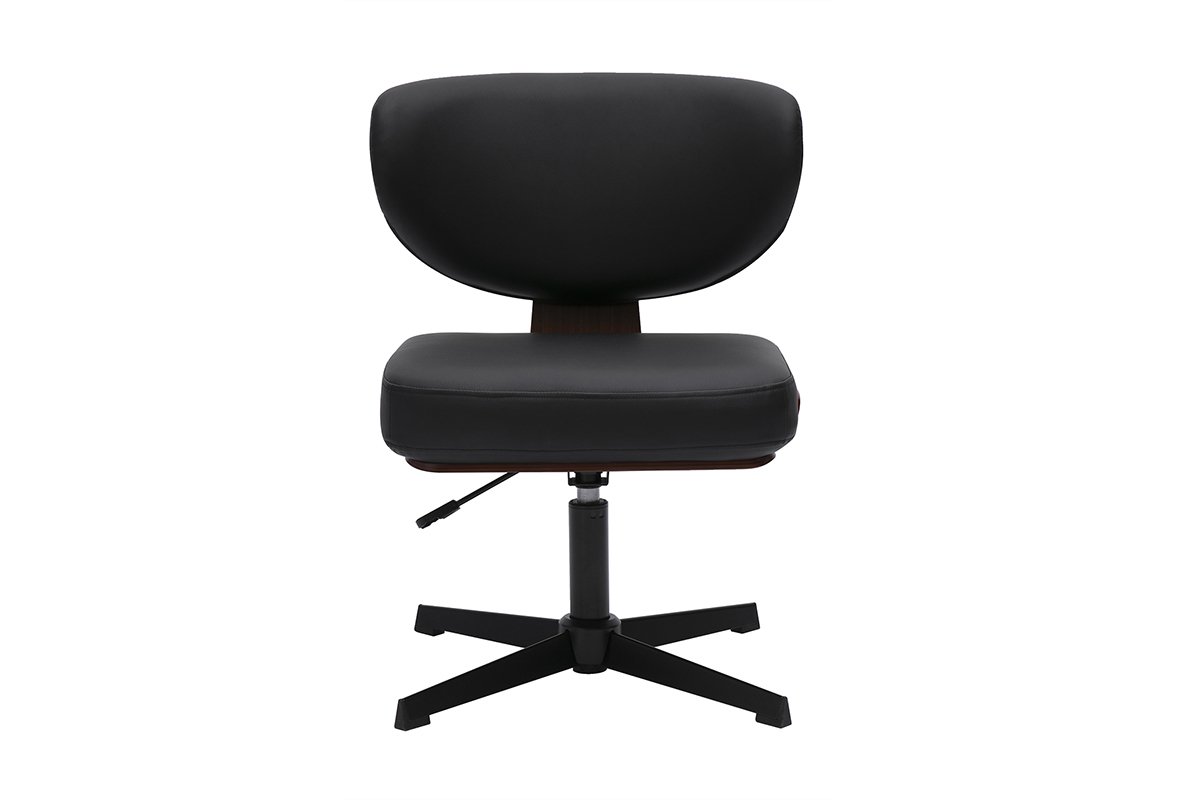 Schwarzer HANZ B�rostuhl, Frontansicht, gebogenes Holz mit Walnuss-Finish, Sternfu� aus schwarzem Metall.
