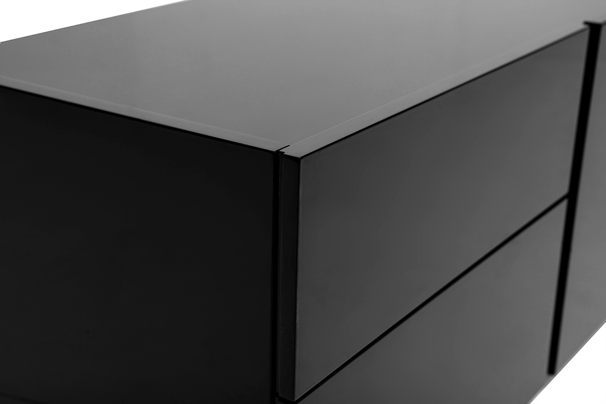 Vergr��erte Ansicht des gl�nzenden schwarzen ISAURE TV-M�bels, zeigt die Verarbeitung und die Schubladen.