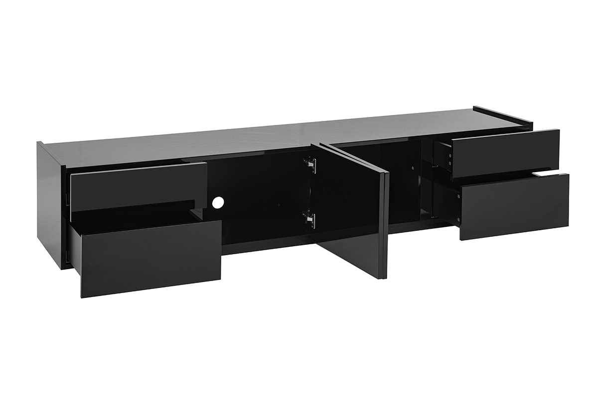 Schwarzes, gl�nzendes TV-M�bel mit Schubladen und offenen T�ren, Ansicht von 3/4.