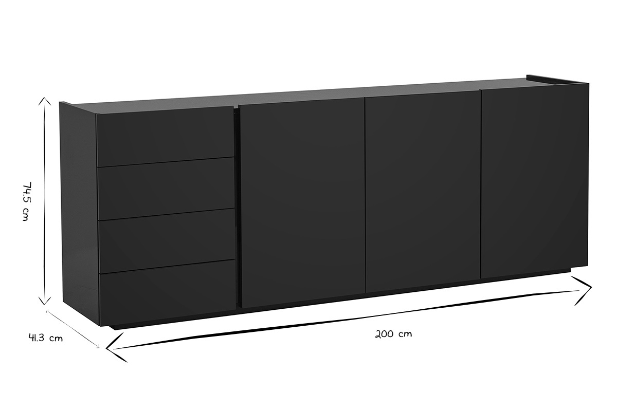 Gl�nzendes schwarzes Buffet ISAURE mit Abmessungen L200 x P41,3 x H74,5 cm in Schwarz und Wei�.