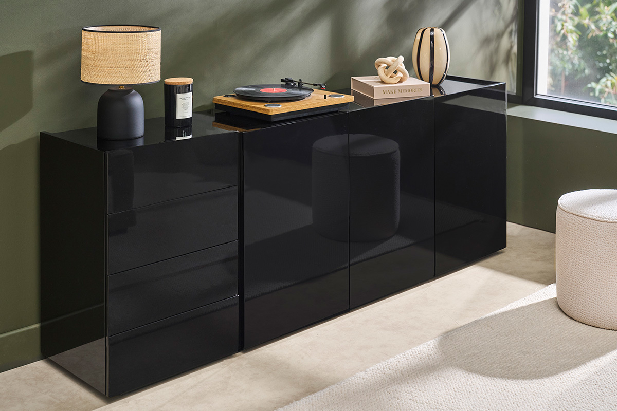 Schwarzes Hochglanz Sideboard mit 3 T�ren 4 Schubladen L200 cm ISAURE