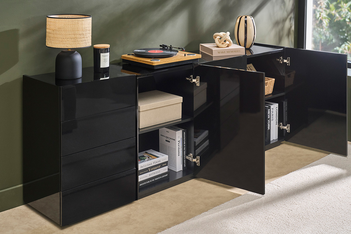 Schwarzes Hochglanz Sideboard mit 3 T�ren 4 Schubladen L200 cm ISAURE