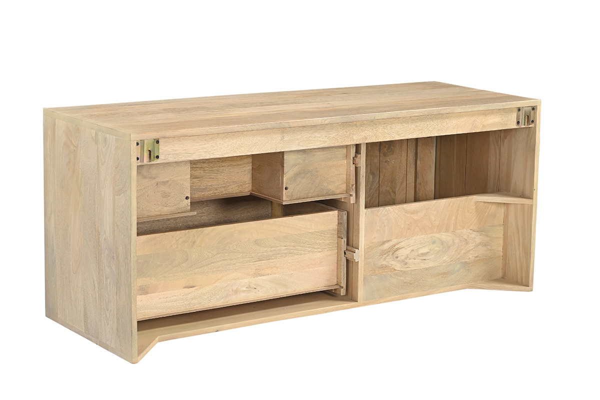 H�ngender Badezimmerschrank aus massivem Mangoholz, R�ckansicht mit ge�ffneten Schubladen.