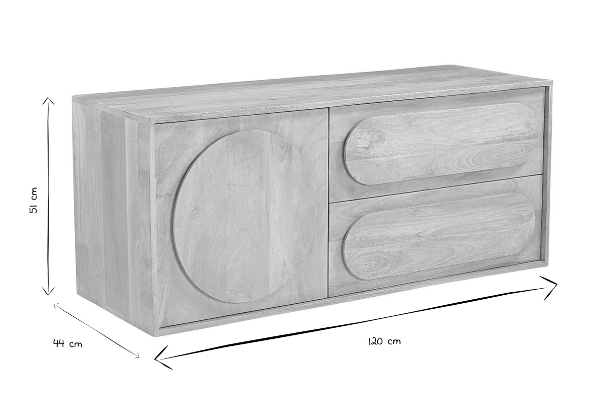 H�ngendes Badezimmerm�bel aus massivem Mangoholz mit Ma�en in Schwarz und Wei�: L120 x T44 x H51 cm.