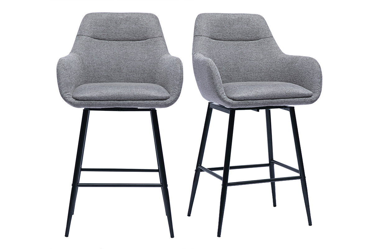 Zwei graue Hochst�hle mit Armlehnen und schwarzen Beinen, Frontansicht.