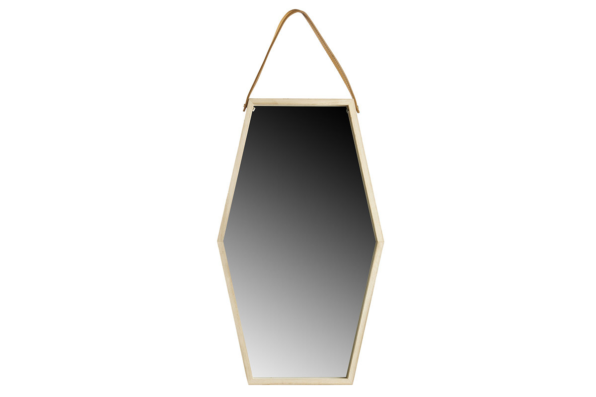 Sechseckiger Wandspiegel mit Holz und Leder 55x32 cm HEXA