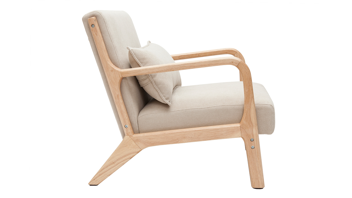 Sessel aus hellem Holz und beigem Stoff mit Samteffekt DERRY