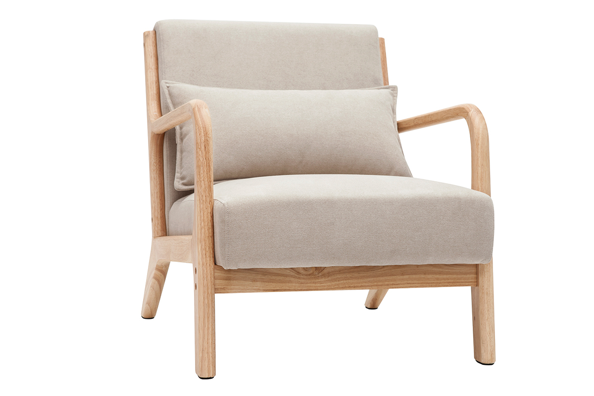 Sessel aus hellem Holz und beigem Stoff mit Samteffekt DERRY