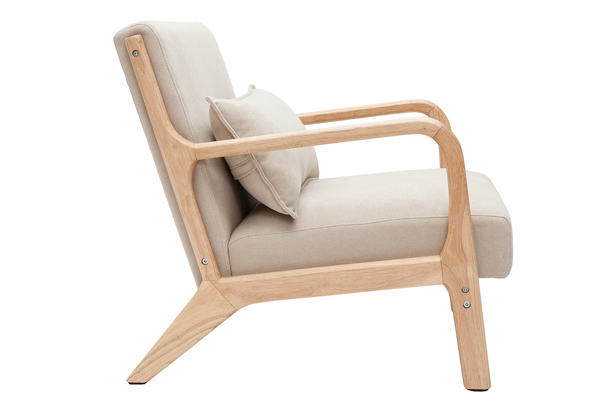 Sessel aus hellem Holz und beigem Stoff mit Samteffekt DERRY