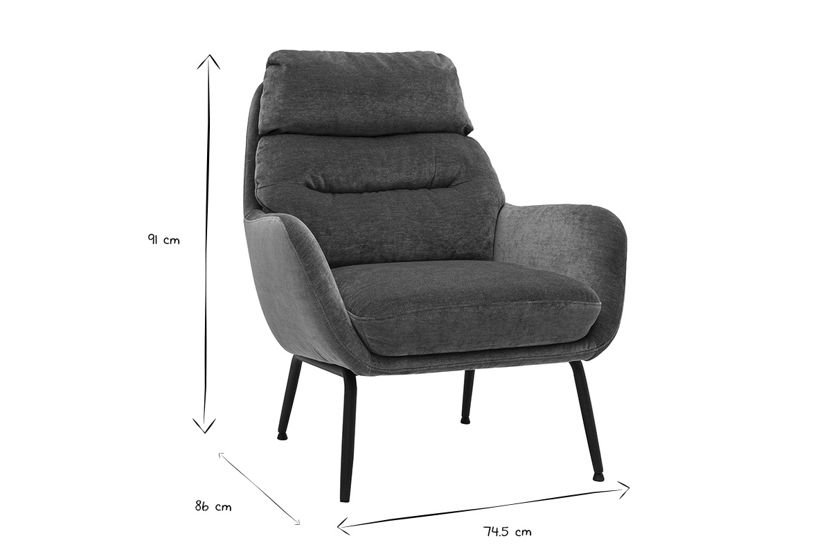 Abmessungen des Sessels BENI: B74.5 x T86 x H91 cm, Zeichnung in Schwarz-Wei�.