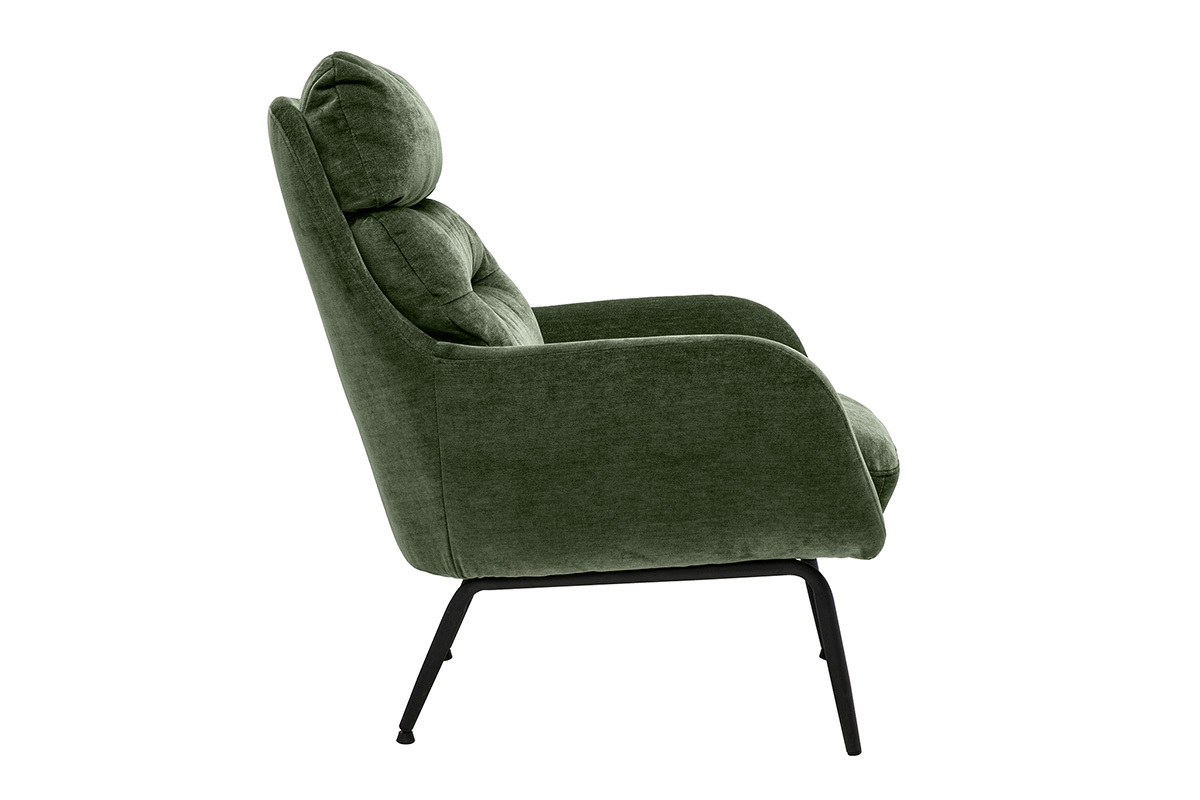 Sessel aus Samtoptik-Stoff in Khaki-Gr�n und schwarzem Metall, Seitenansicht