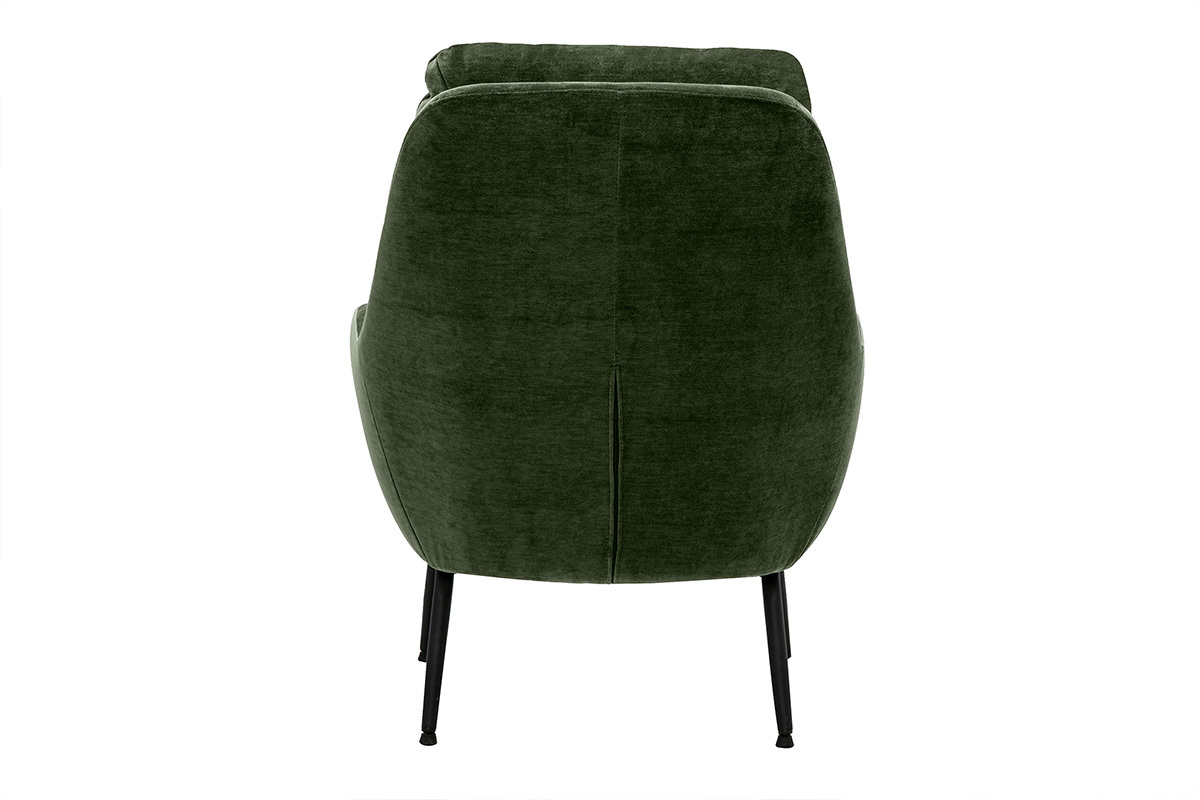 Sessel aus gr�nem Khaki-Samtstoff, von hinten gesehen, mit schwarzen Metallbeinen.