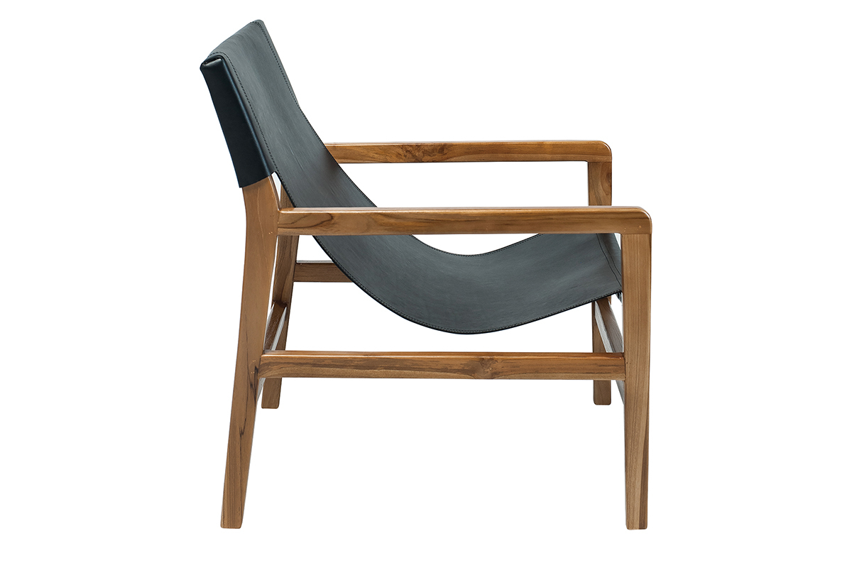 Sessel aus Teakholz und schwarzem Leder CHILLY
