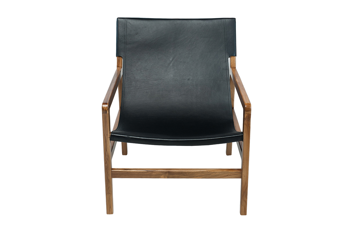 Sessel aus Teakholz und schwarzem Leder CHILLY