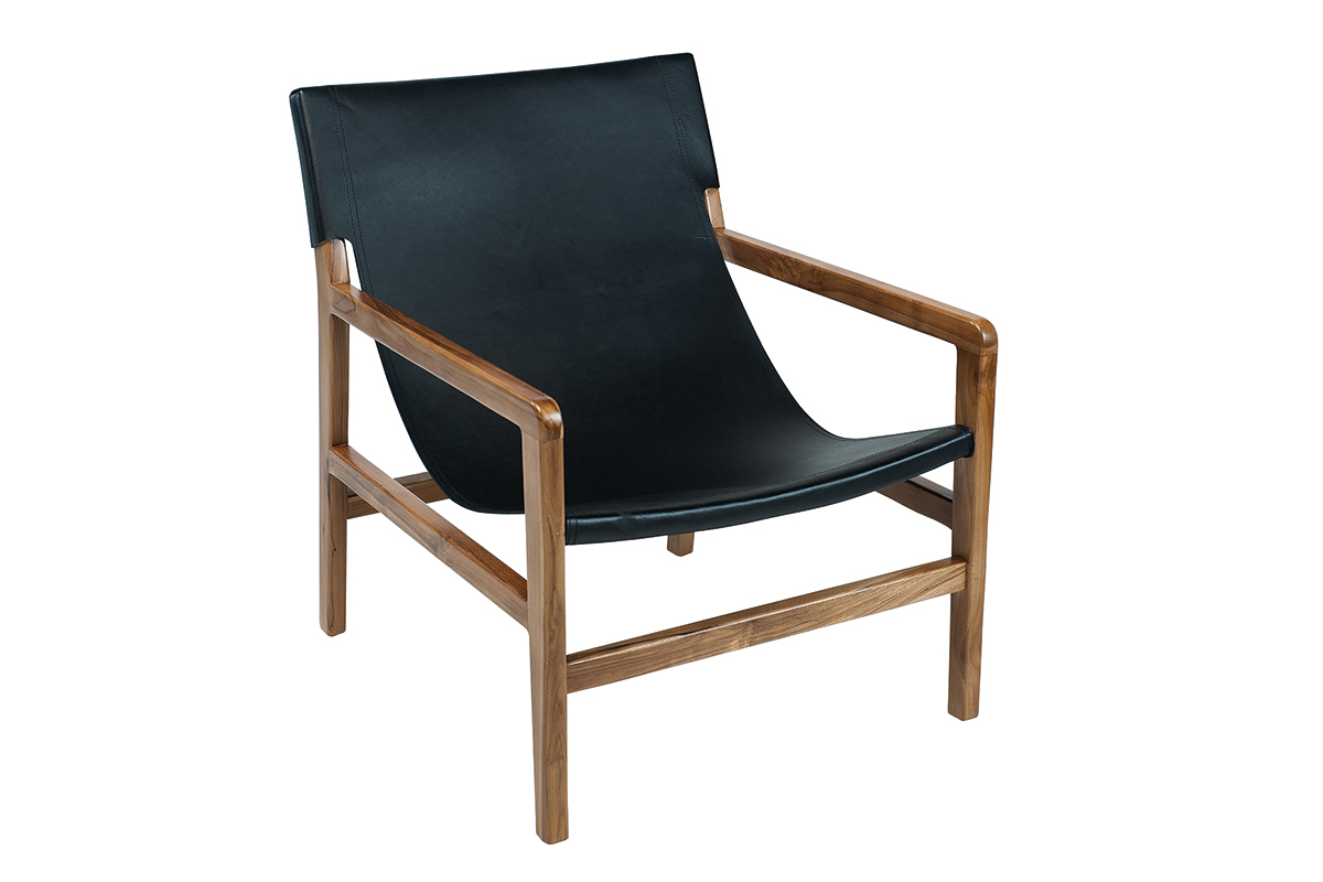 Sessel aus Teakholz und schwarzem Leder CHILLY