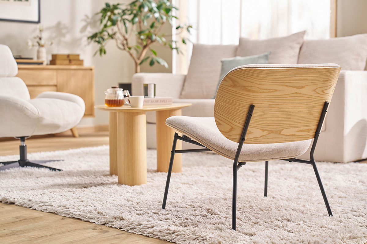 Sessel aus Textil mit strukturierter Samt-Optik in Beige und Schwarzem Metall SHELBY
