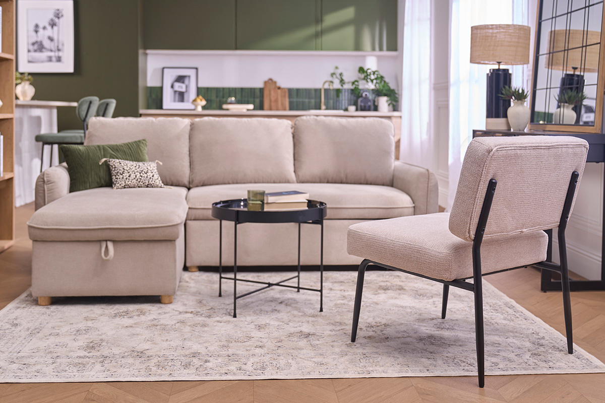 Sessel in beige Chenille-Stoff und schwarzem Metall VEDANA