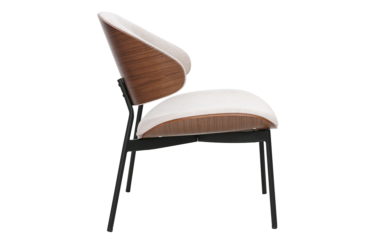 Sessel in beige Textur-Samtstoff, dunkles Holz und schwarzes Metall FABULO