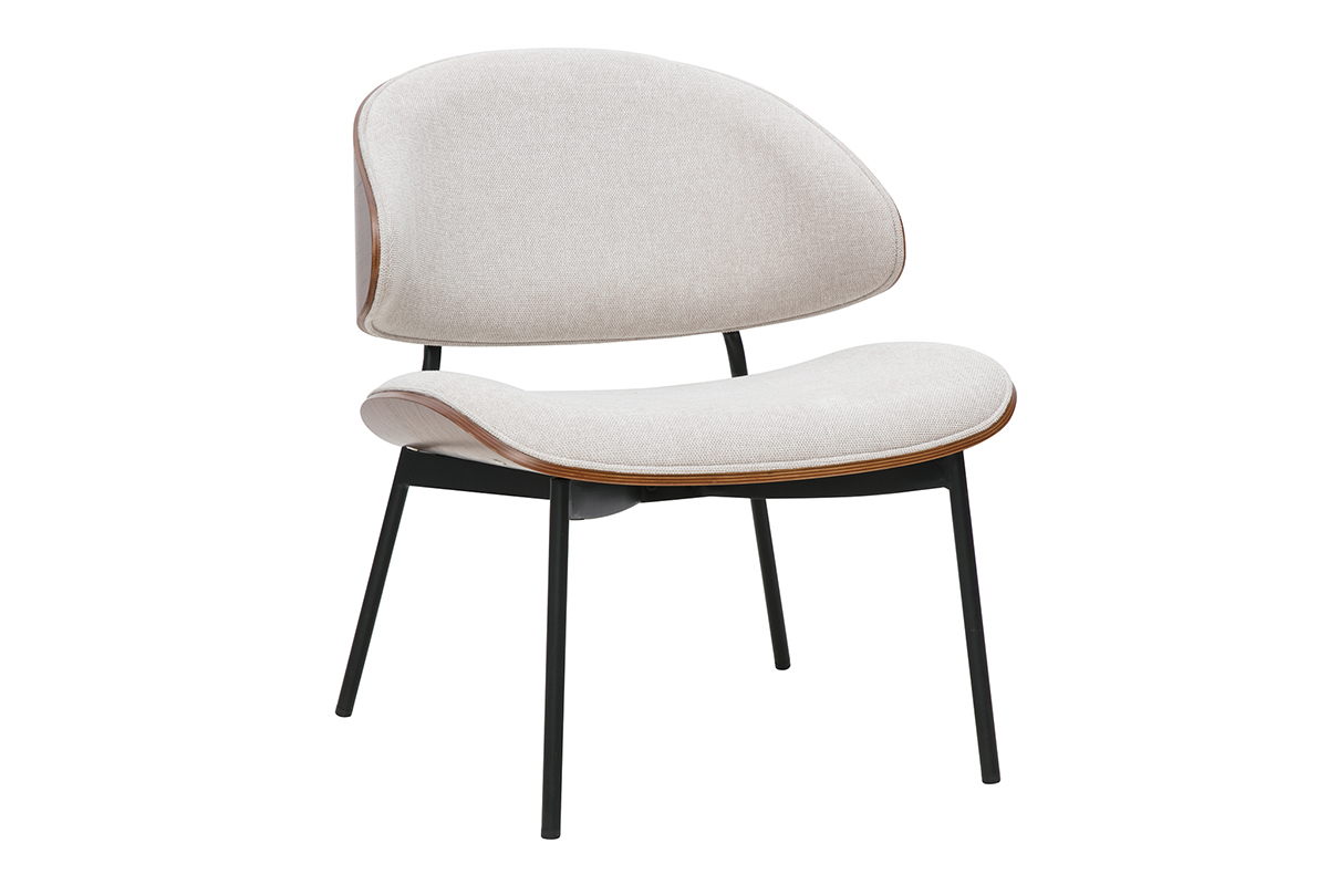 Sessel in beige Textur-Samtstoff, dunkles Holz und schwarzes Metall FABULO