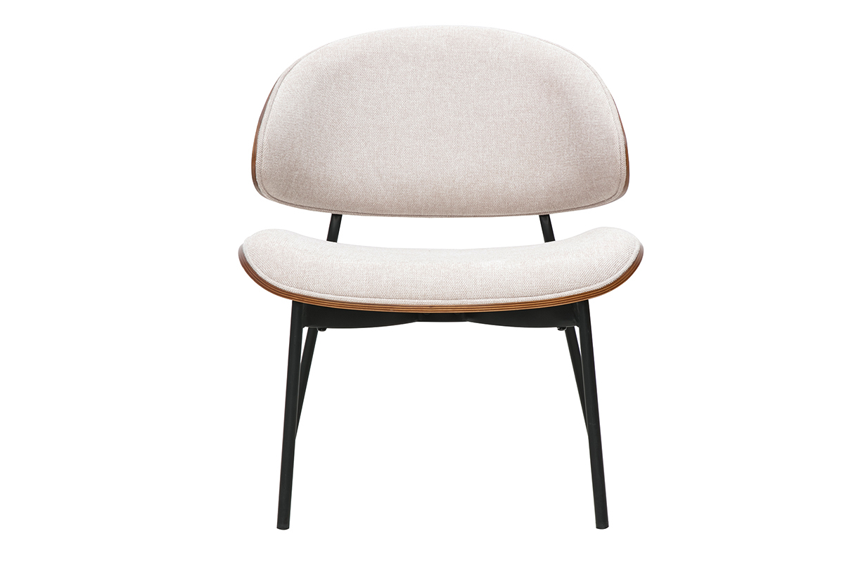 Sessel in beige Textur-Samtstoff, dunkles Holz und schwarzes Metall FABULO