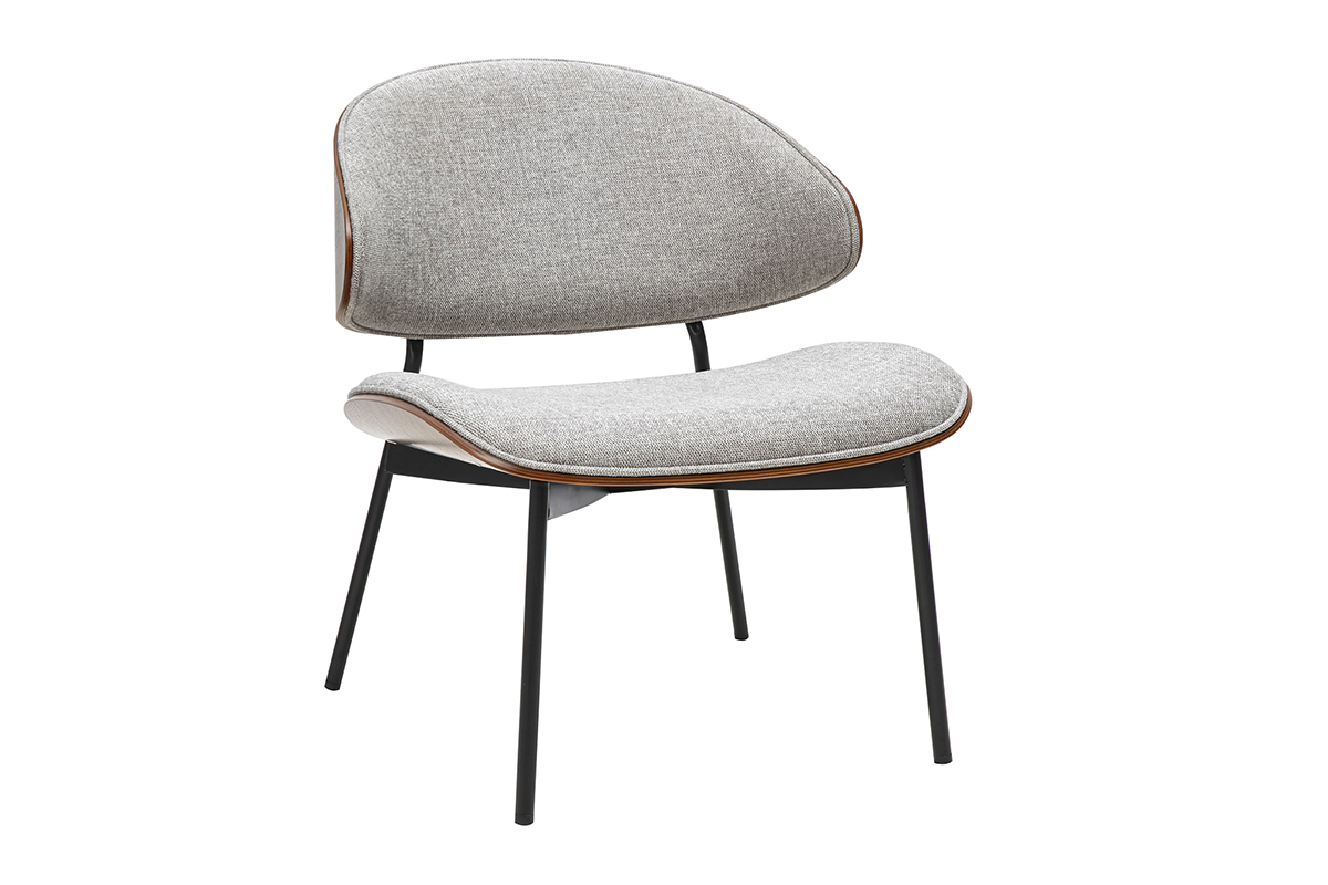 Sessel in grauem Samteffekt-Stoff, dunklem Holz und schwarzem Metall FABULO