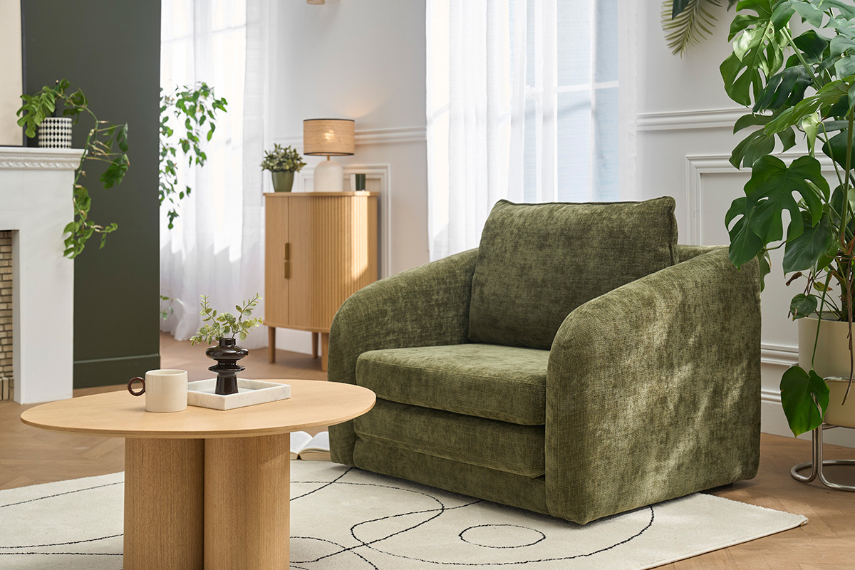 Sessel in Textil mit strukturiertem Samteffekt in Khaki-Gr�n MAHAUT