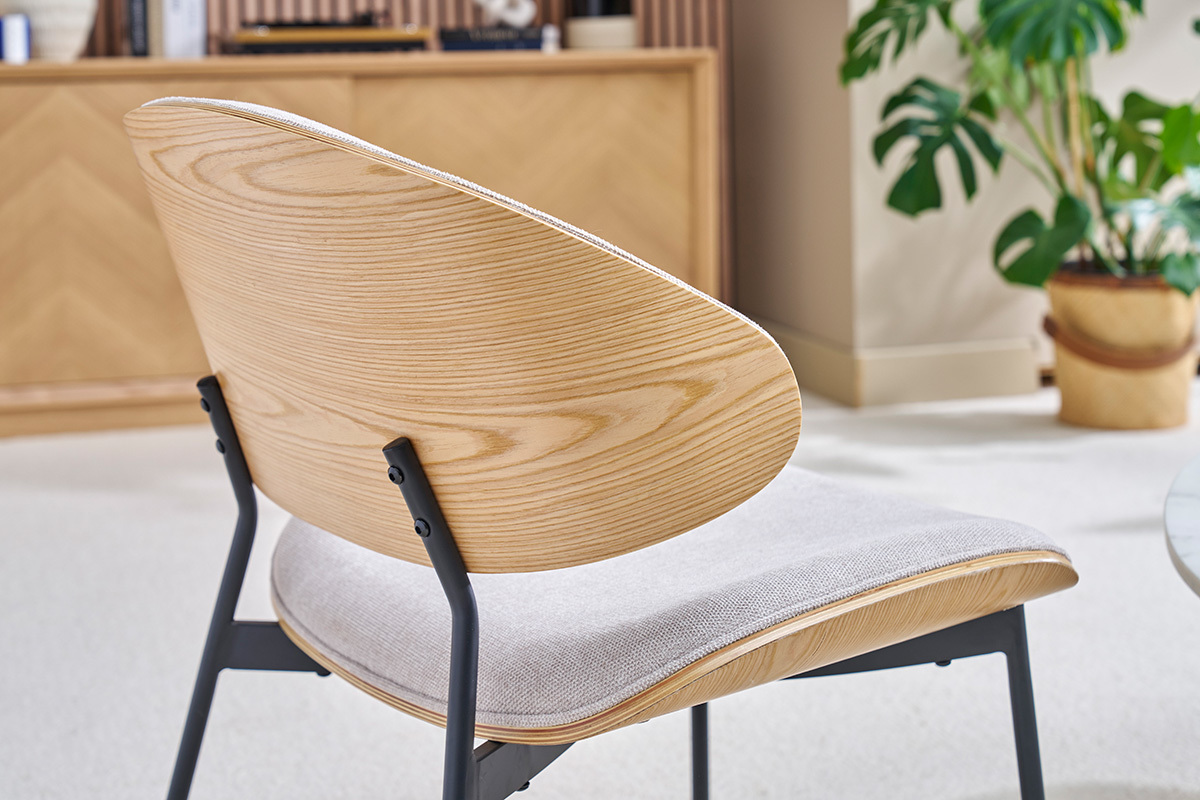 Sessel in texturiertem Beige Samt-Effekt, helles Holz und schwarzes Metall FABULO