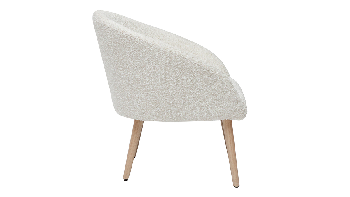 Sessel mit weißem Stoffbezug mit Bouclé-Wolleffekt und hellen Holzbeinen OLIVIA