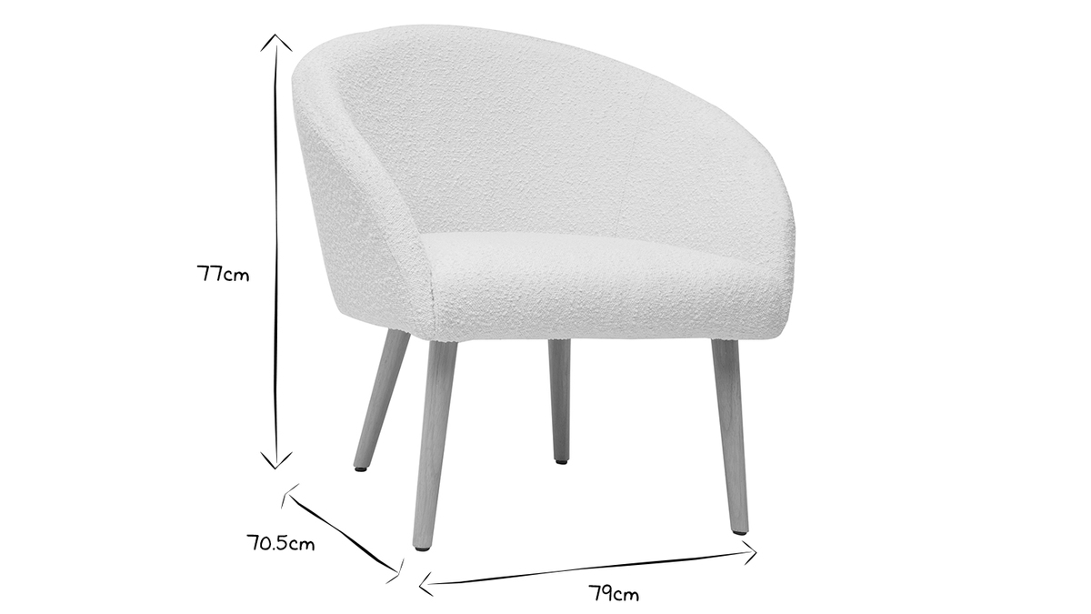 Sessel mit weiem Stoffbezug mit Boucl-Wolleffekt und hellen Holzbeinen OLIVIA