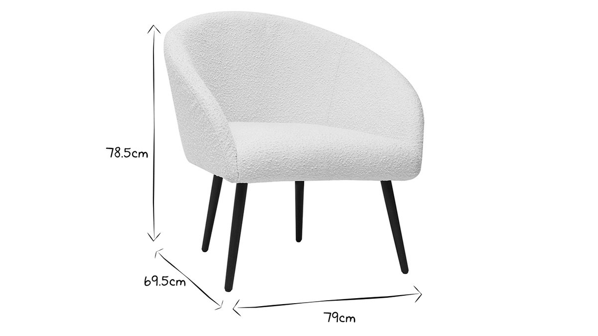 Sessel mit weißem Stoffbezug mit Bouclé-Wolleffekt und schwarzem Metall OLIVIA