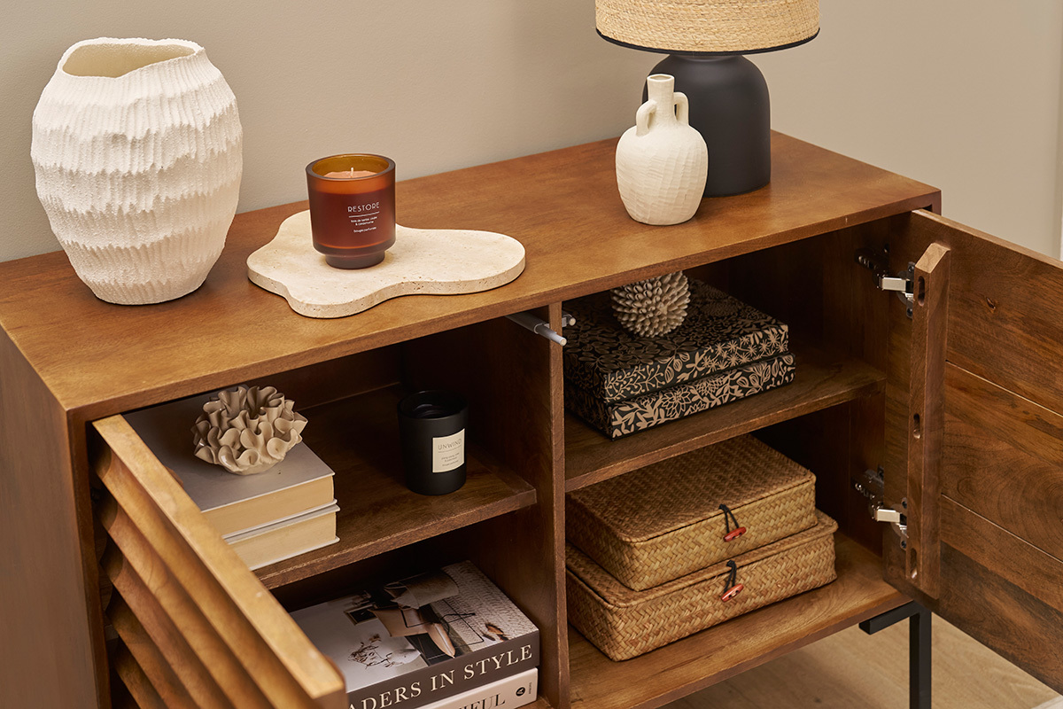 Sideboard aus dunklem, massivem Mangoholz und schwarzem Metall 2 Tren B100 cm ONDA