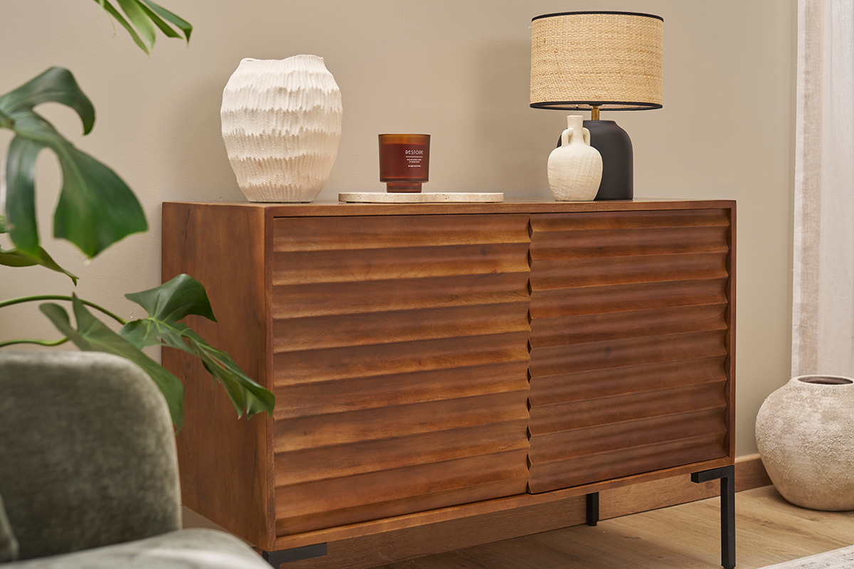 Sideboard aus dunklem, massivem Mangoholz und schwarzem Metall 2 Tren B100 cm ONDA