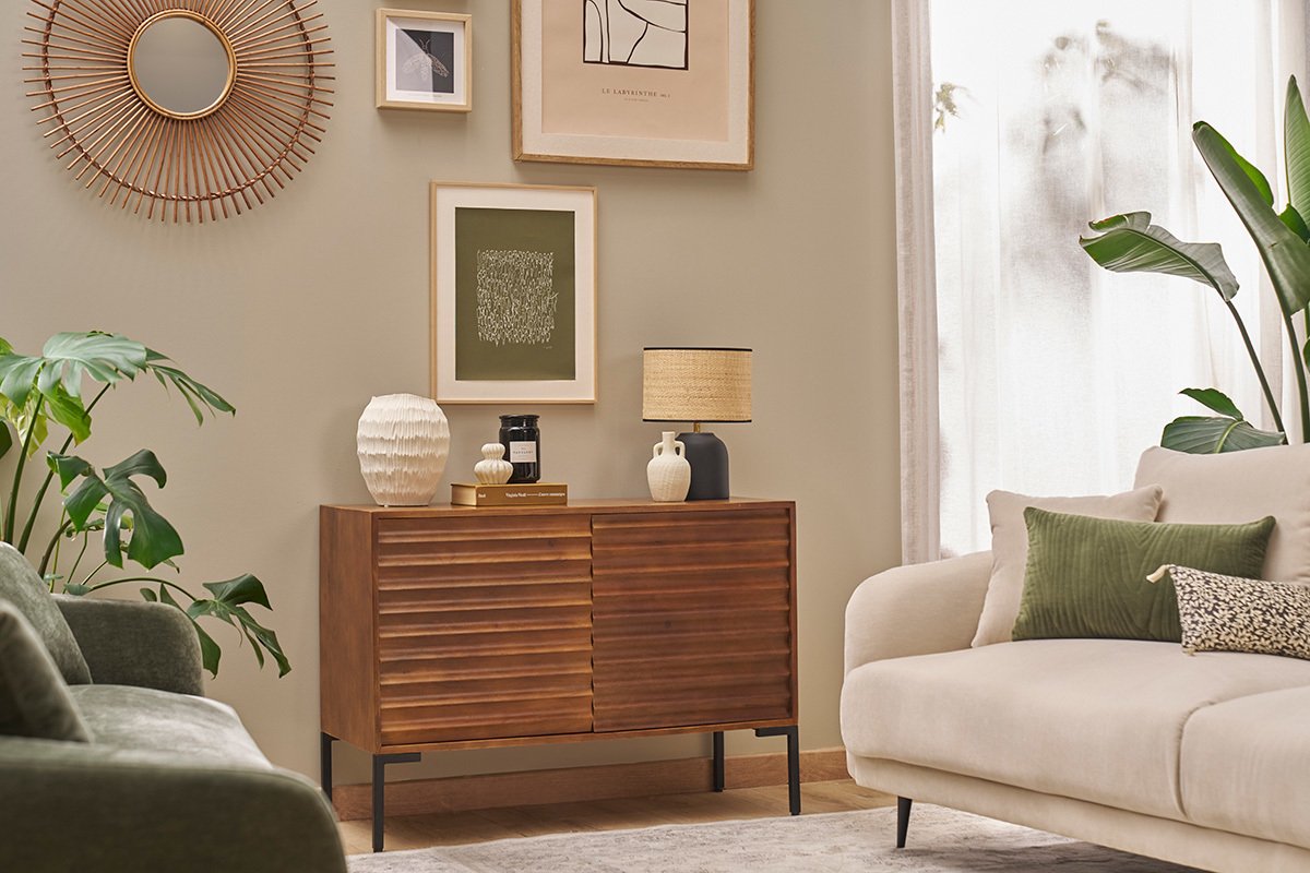 Sideboard aus dunklem, massivem Mangoholz und schwarzem Metall 2 Tren B100 cm ONDA