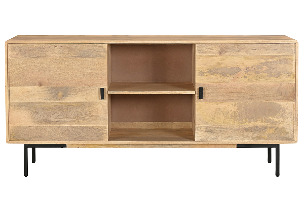 Sideboard aus hellem massivem Mangoholz und schwarzem Metall 2 Tren B168 cm JUDE