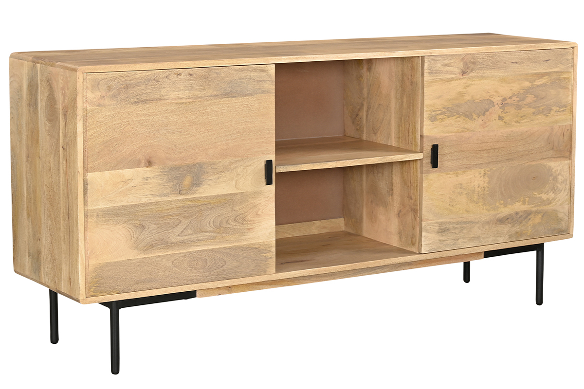 Sideboard aus hellem massivem Mangoholz und schwarzem Metall 2 Tren B168 cm JUDE