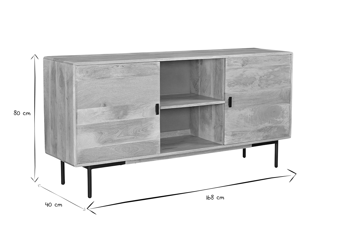 Sideboard aus hellem massivem Mangoholz und schwarzem Metall 2 Tren B168 cm JUDE