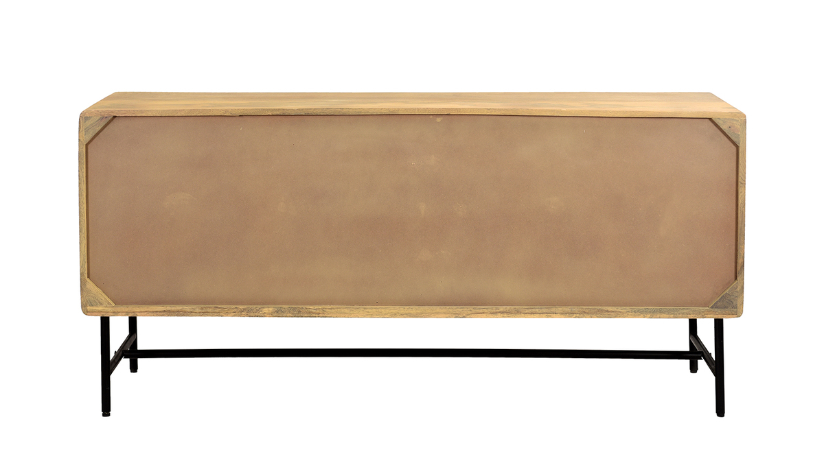 Sideboard aus massivem Mangoholz mit Gravuren und schwarzem Metall 4-trig B160 cm MORISSON