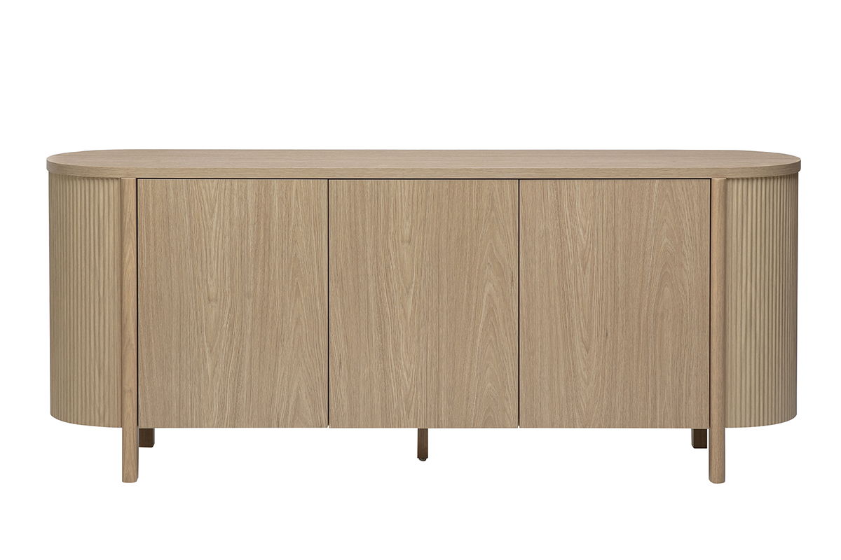 Sideboard aus hellem Eichenholz, 3 T�ren, Frontansicht, abgerundete und geriffelte Ausf�hrung.