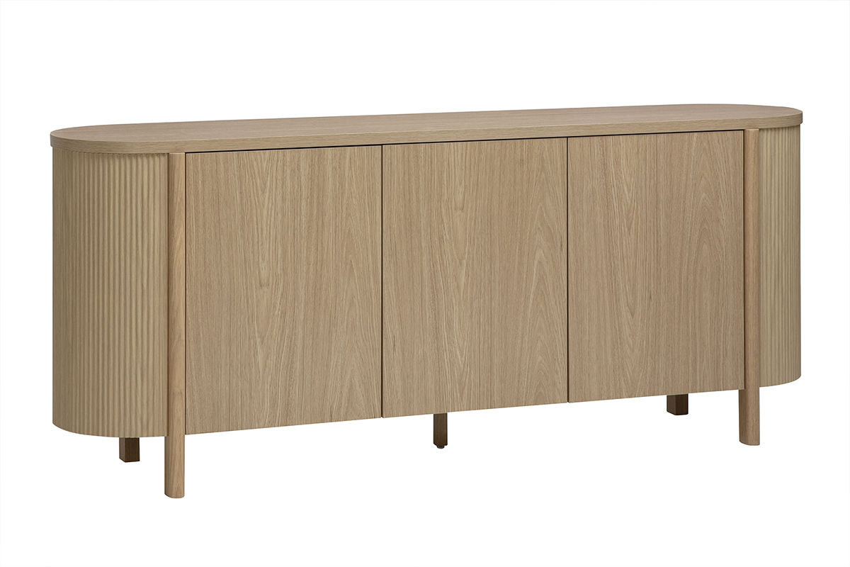 Buffet aus hellem Eichenholz mit 3 T�ren, 3/4-Ansicht, gerillte und abgerundete Oberfl�che.
