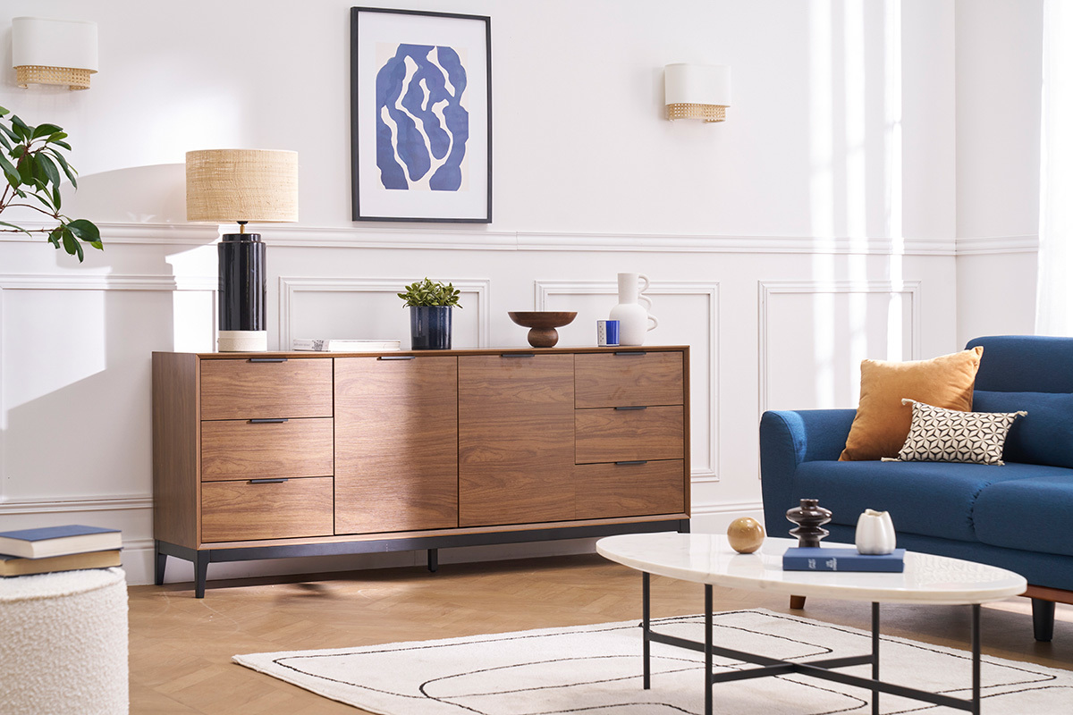 Sideboard im Vintage-Stil aus dunklem Walnussfurnier und schwarzem Metall mit Stauraum B180 cm SARTO