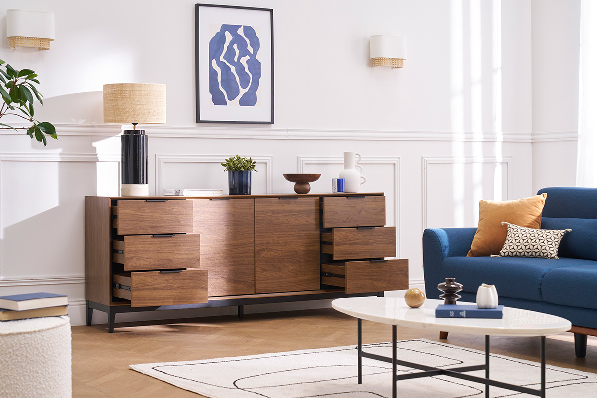 Sideboard im Vintage-Stil aus dunklem Walnussfurnier und schwarzem Metall mit Stauraum B180 cm SARTO