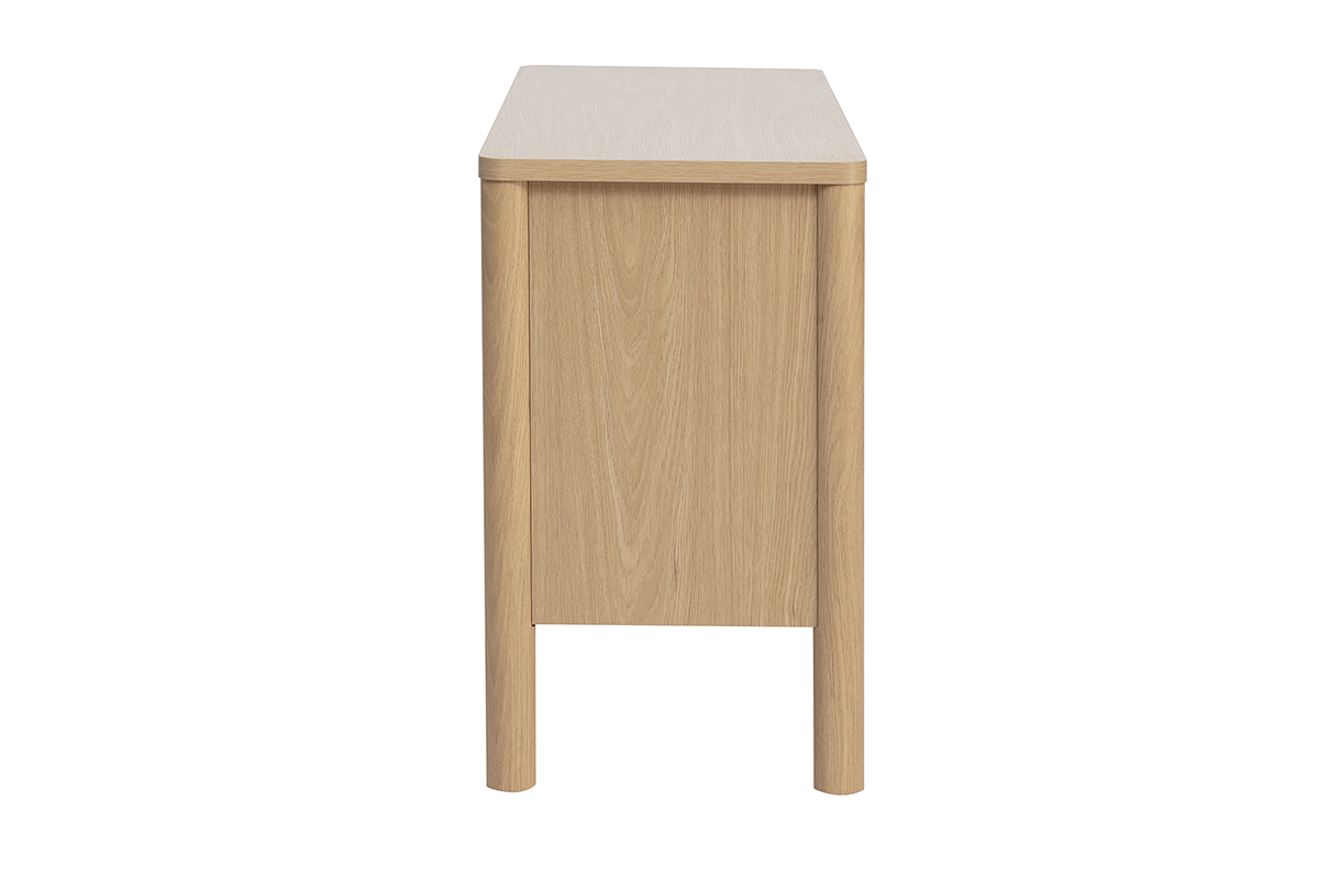 Sideboard IZZIE in heller Eiche-Holzoptik, Seitenansicht, mit zylindrischen Beinen aus Massivholz.