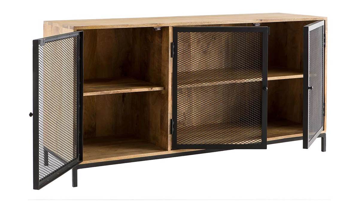 Sideboard industrieller Stil aus Mangoholz und Metall perforiert RACK