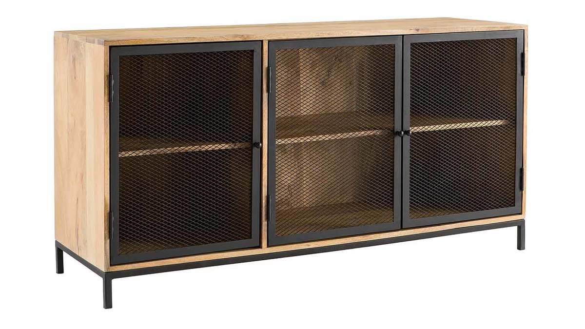 Sideboard industrieller Stil aus Mangoholz und Metall perforiert RACK