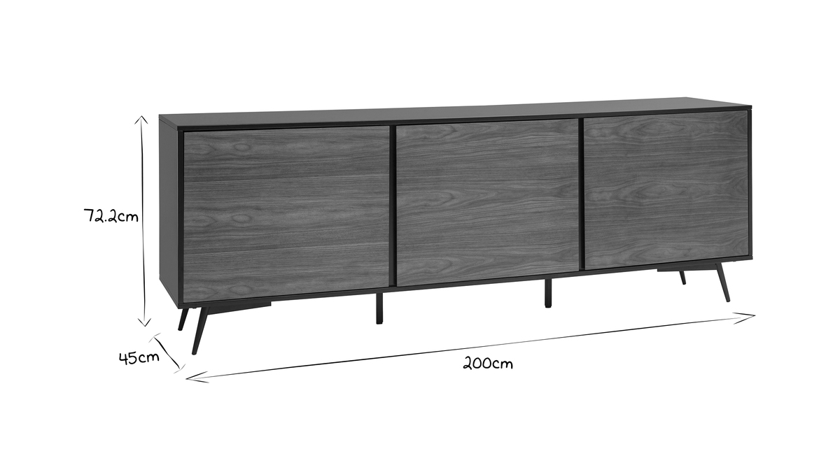 Sideboard mattschwarz Walnussfurnier 3 Tren B200 cm MERMOZ