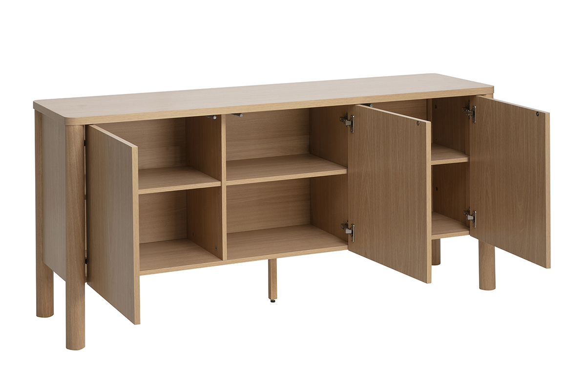Sideboard aus hellem Eichenholz mit 3 offenen T�ren, das Aufbewahrungsf�cher zeigt.