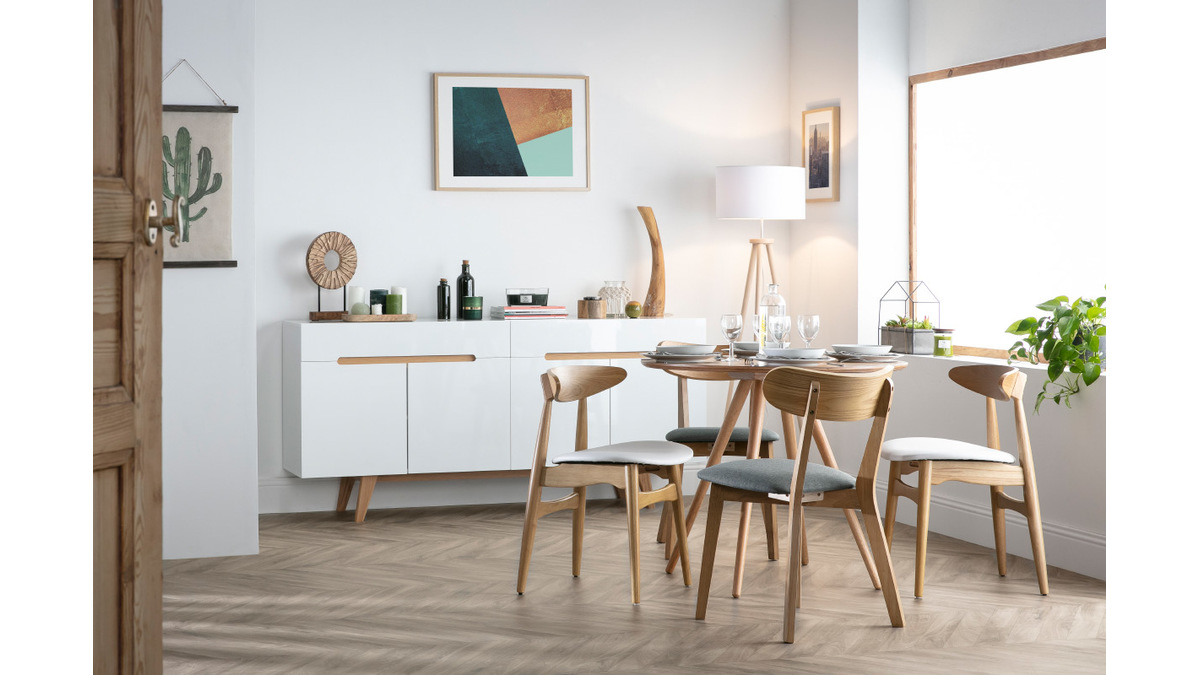 Sideboard Skandinavienstil Wei glnzend und Esche 180 cm MELKA