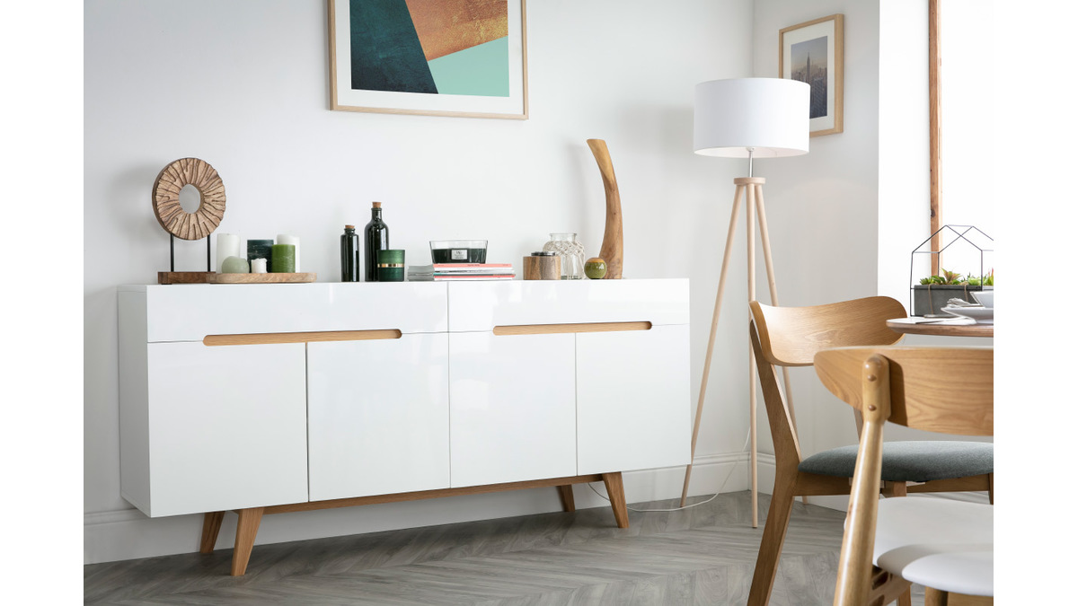 Sideboard Skandinavienstil Wei glnzend und Esche 180 cm MELKA