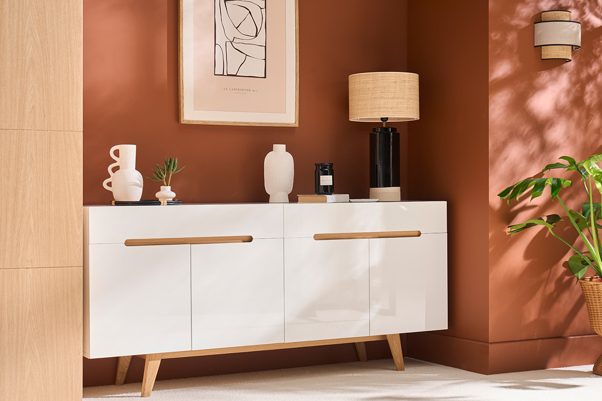 Sideboard Skandinavienstil Wei glnzend und Esche 180 cm MELKA